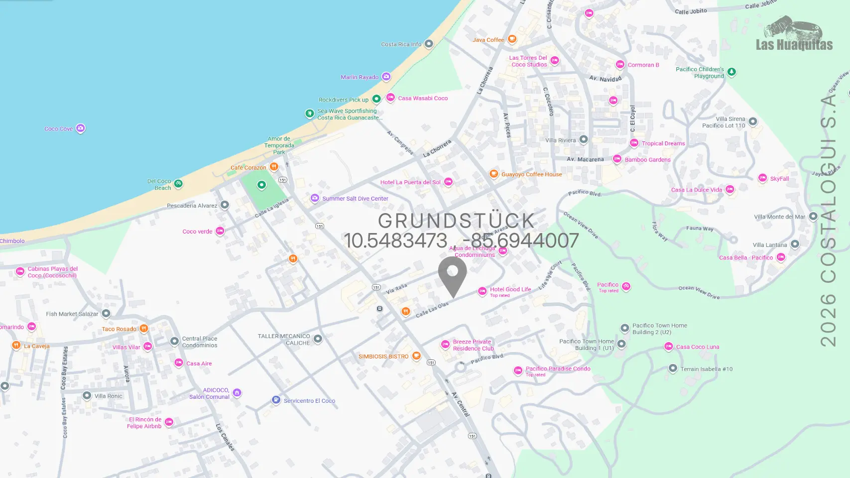 30 Minuten vom internationalen Flughafen Liberia zum Grundstück Playas del Coco
